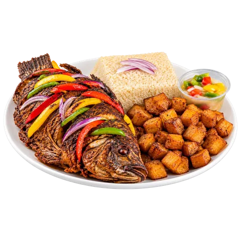 Tilapia braisé avec attiéké et alloco