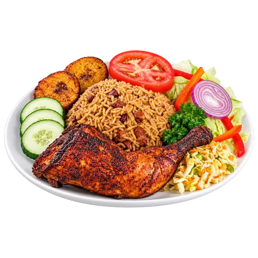 Cuisse de poulet frit avec riz collé, plantains, concombre et salade