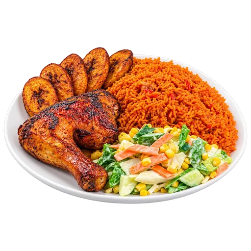 Cuisse de poulet braisé avec riz jollof, alloco et salade