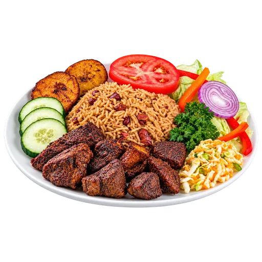 Tassot de bœuf avec riz collé, plantains et salade