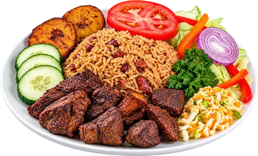 Tassot de chèvre avec riz collé, plantains et salade